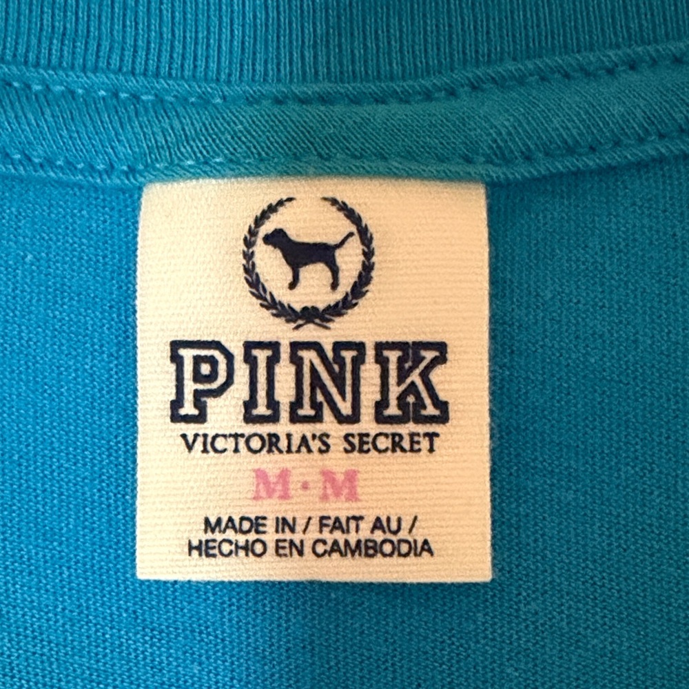 Victoria’s Secret PINK Black Heart Logo Blue V-Neck Tee - Picture 2 of 3